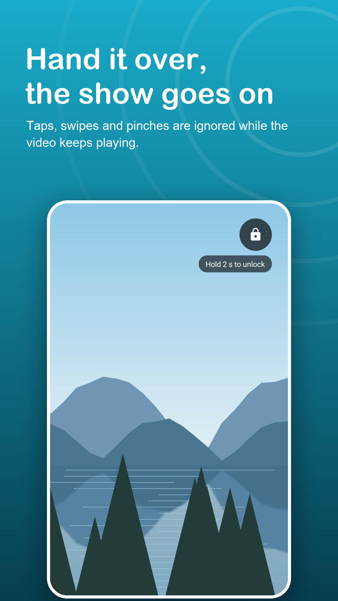 Lake video playing with the shield on and the Hold 2 s to unlock hint