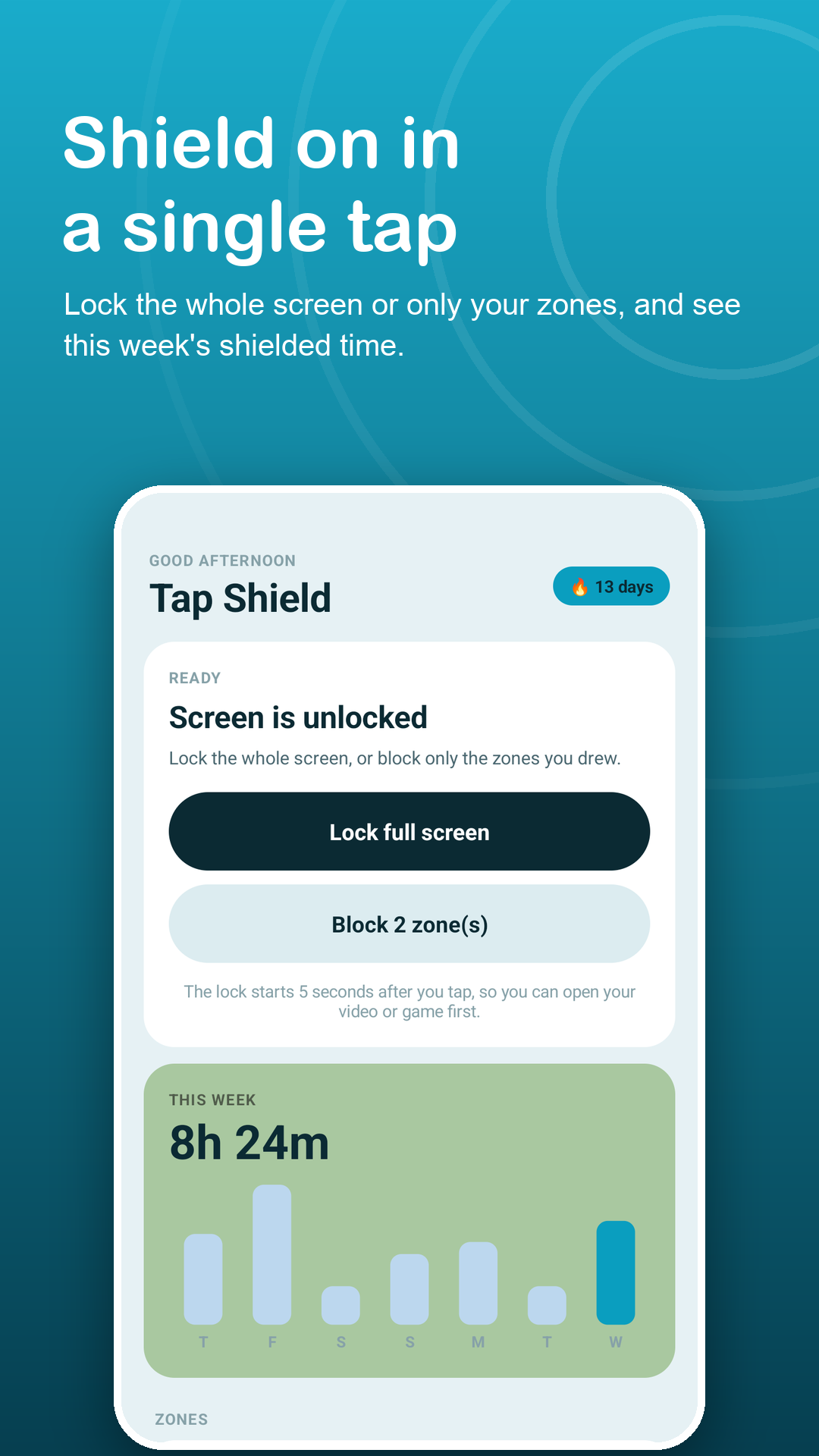 Tap Shield home with Lock full screen and Block zones buttons and this week's time